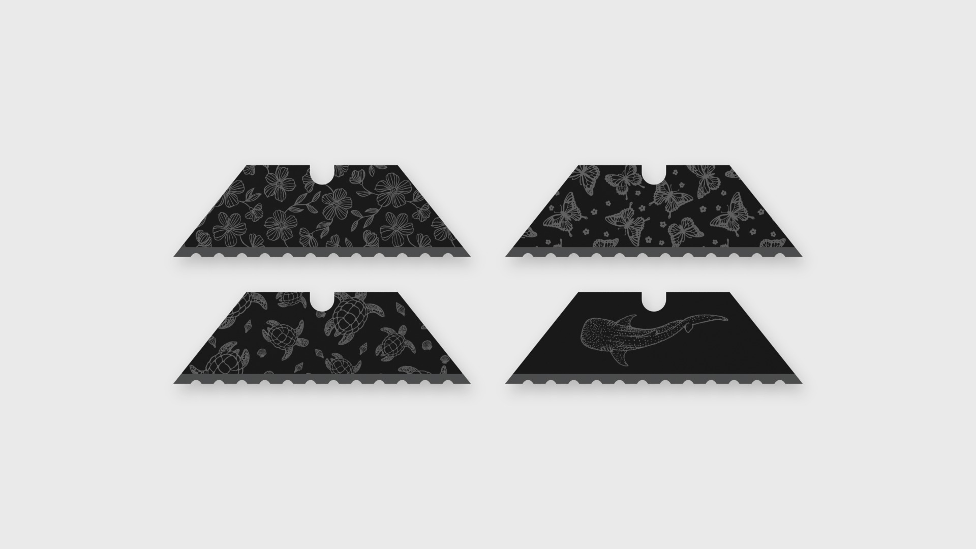 Fables blades: butterflies, blossoms, whale shark, sea turtles